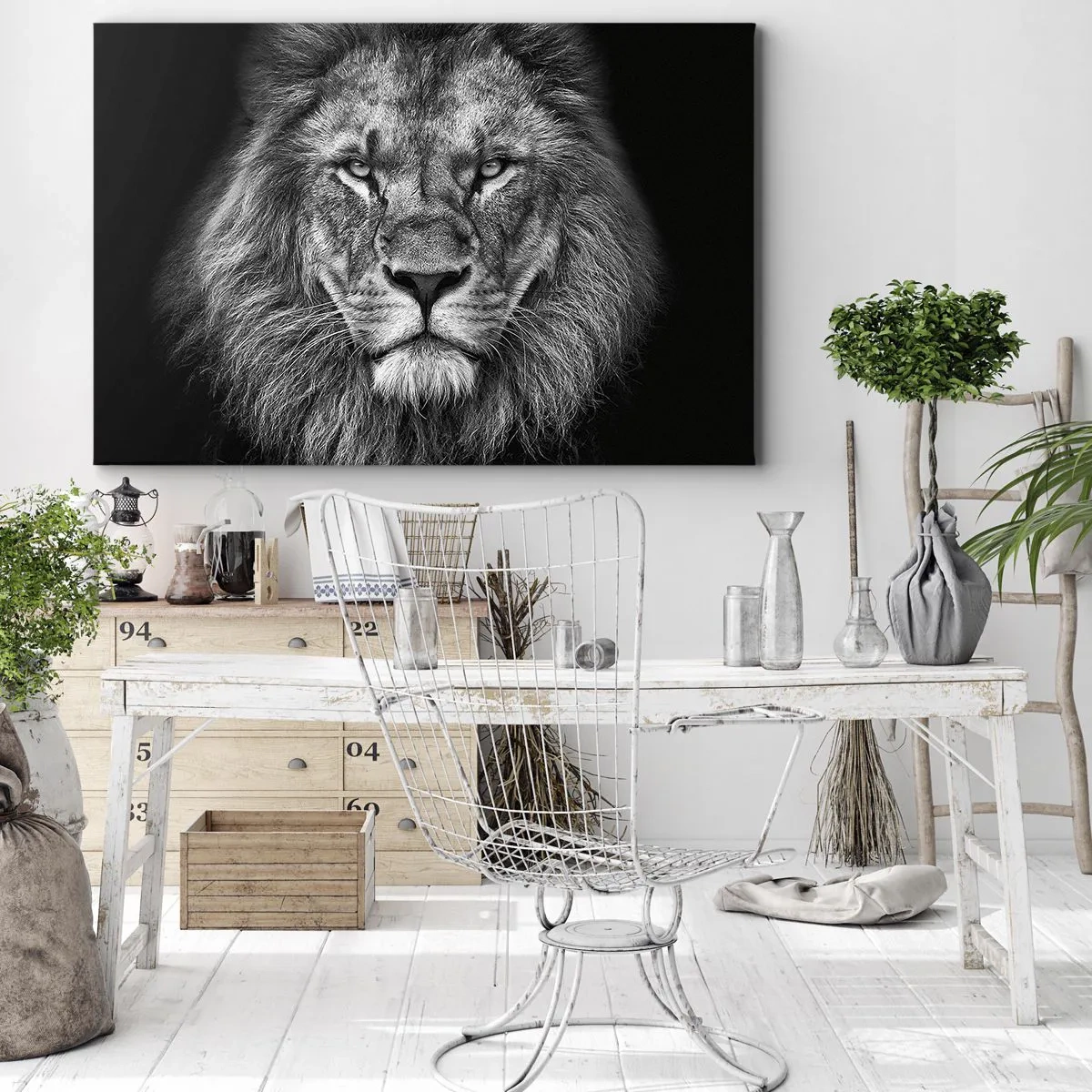 Cuadro sobre lienzo - Impresión de Imagen - Retrato de un majestuoso león en blanco y negro - 120x80cm - Con el atuendo de la coronación - Decoración de pared moderna para salón y dormitorio ARTTOR