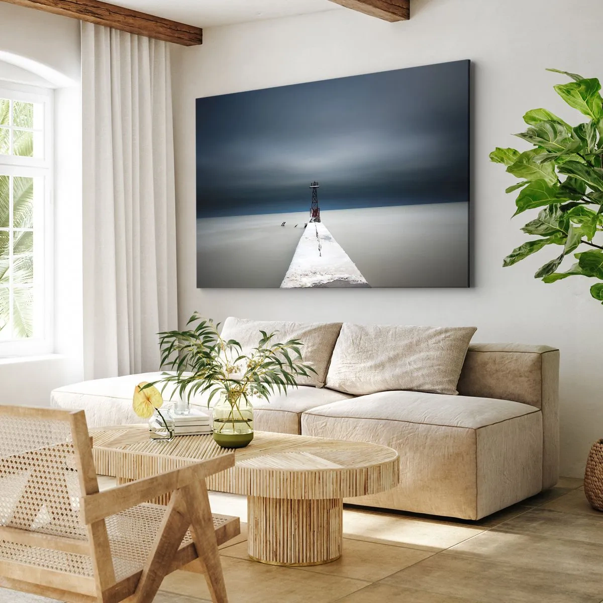 Cuadro sobre lienzo - Impresión de Imagen - Un faro al final de un muelle de hormigón en un paisaje desolado - 70x50cm - Encuentro con la inmensidad - Decoración de pared moderna para salón y dormitorio ARTTOR
