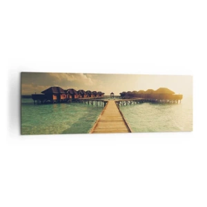 Cuadro sobre lienzo - Impresión de Imagen - Un embarcadero de madera que conduce a las casas sobre el agua, iluminadas por los rayos del sol. - 160x50cm - Una cálida invitación - Decoración de pared moderna para salón y dormitorio ARTTOR
