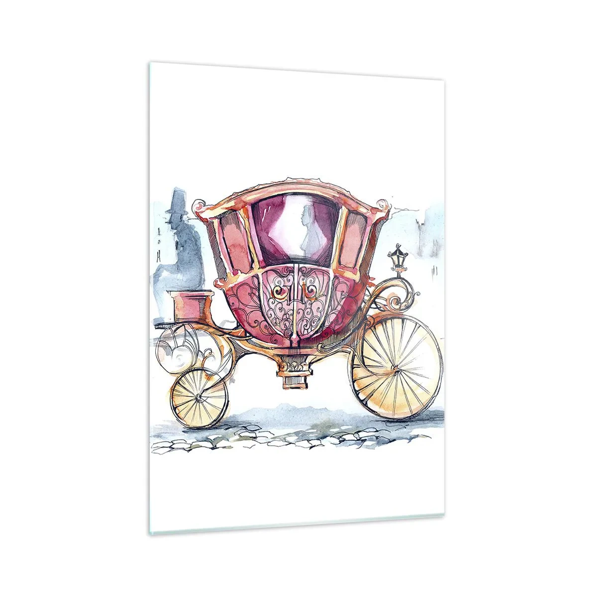 Cuadro sobre vidrio - Impresiones sobre Vidrio - Un elegante carruaje de estilo acuarela sobre un fondo de calle. - 50x70cm - ¿A la boda o al baile? - Decoración de pared moderna para salón y dormitorio ARTTOR