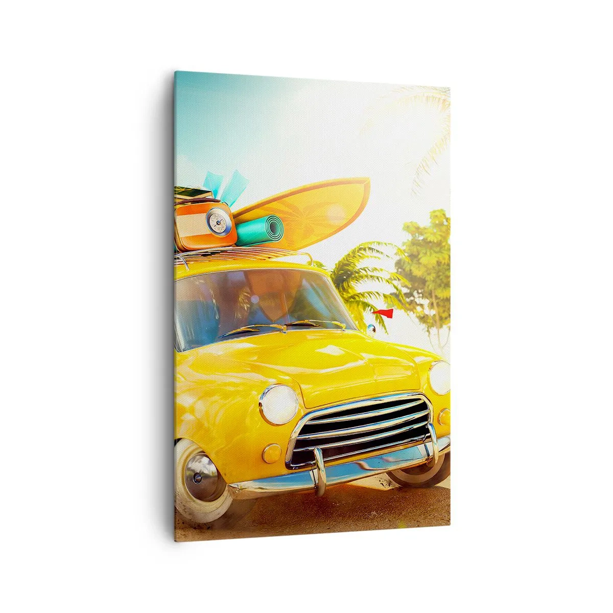 Cuadro sobre lienzo - Impresión de Imagen - Un coche amarillo con equipaje frente a un paisaje tropical. - 80x120cm - Un viaje para más de una sonrisa - Decoración de pared moderna para salón y dormitorio ARTTOR