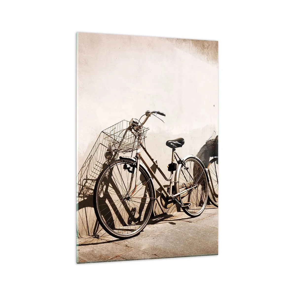 Cuadro sobre vidrio - Impresiones sobre Vidrio - Dos bicicletas apoyadas contra una vieja pared de estilo retro. - 70x100cm - El inolvidable encanto del pasado - Decoración de pared moderna para salón y dormitorio ARTTOR