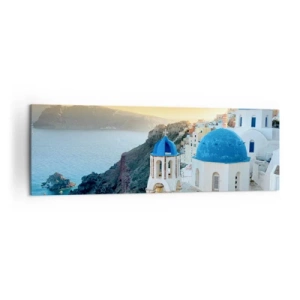 Cuadro sobre lienzo - Impresión de Imagen - Vista de Santorini con edificios blancos y mar azul. - 160x50cm - Santorini - el abrazo a las rocas - Decoración de pared moderna para salón y dormitorio ARTTOR