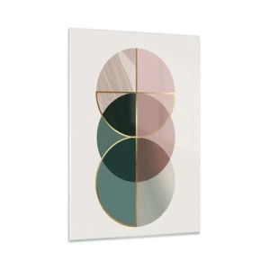 Cuadro sobre vidrio - Impresiones sobre Vidrio - Una composición abstracta de formas geométricas y líneas doradas. - 80x120cm - Círculo tras círculo... - Decoración de pared moderna para salón y dormitorio ARTTOR
