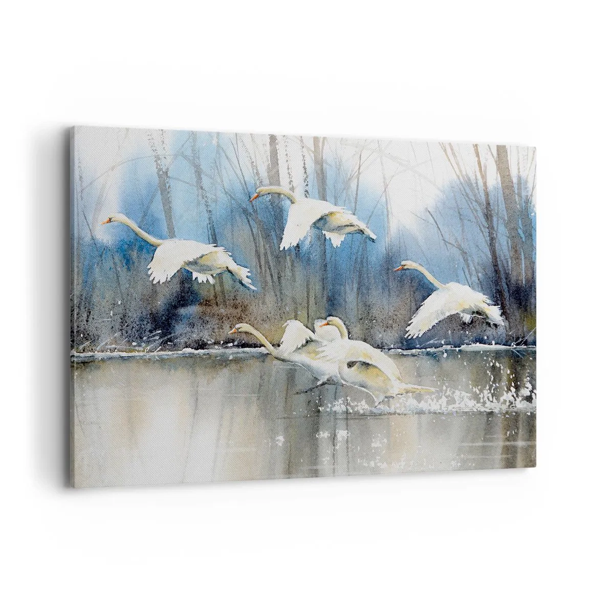 Cuadro sobre lienzo - Impresión de Imagen - Cisnes en vuelo sobre un lago congelado en un paisaje invernal - 120x80cm - Como en un cuento de cisnes salvajes - Decoración de pared moderna para salón y dormitorio ARTTOR