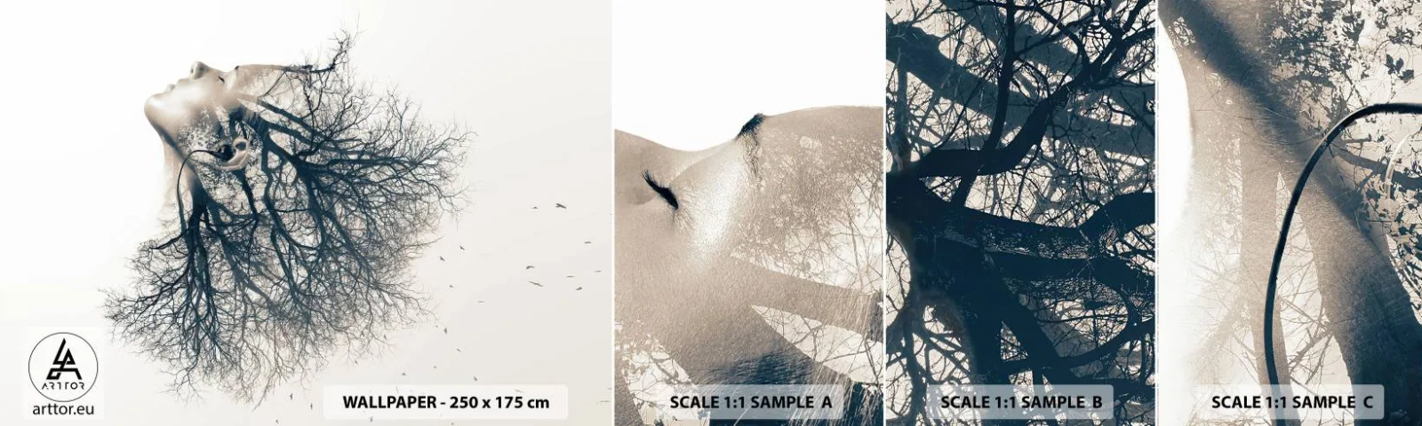 Muestra de fotomural autoadhesivo Deluxe Sticker - Escuchando el susurro de un árbol - Abstracción, cara de mujer, Árbol - 100x30 cm