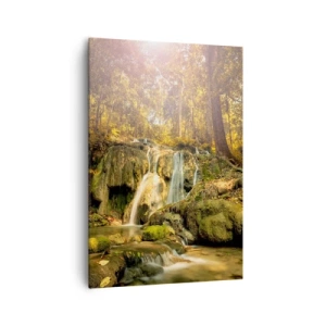 Cuadro sobre lienzo - Impresión de Imagen - Una cascada forestal bajo los rayos del sol, rodeada de vegetación. - 70x100cm - Cascada forestal en verde - Decoración de pared moderna para salón y dormitorio ARTTOR