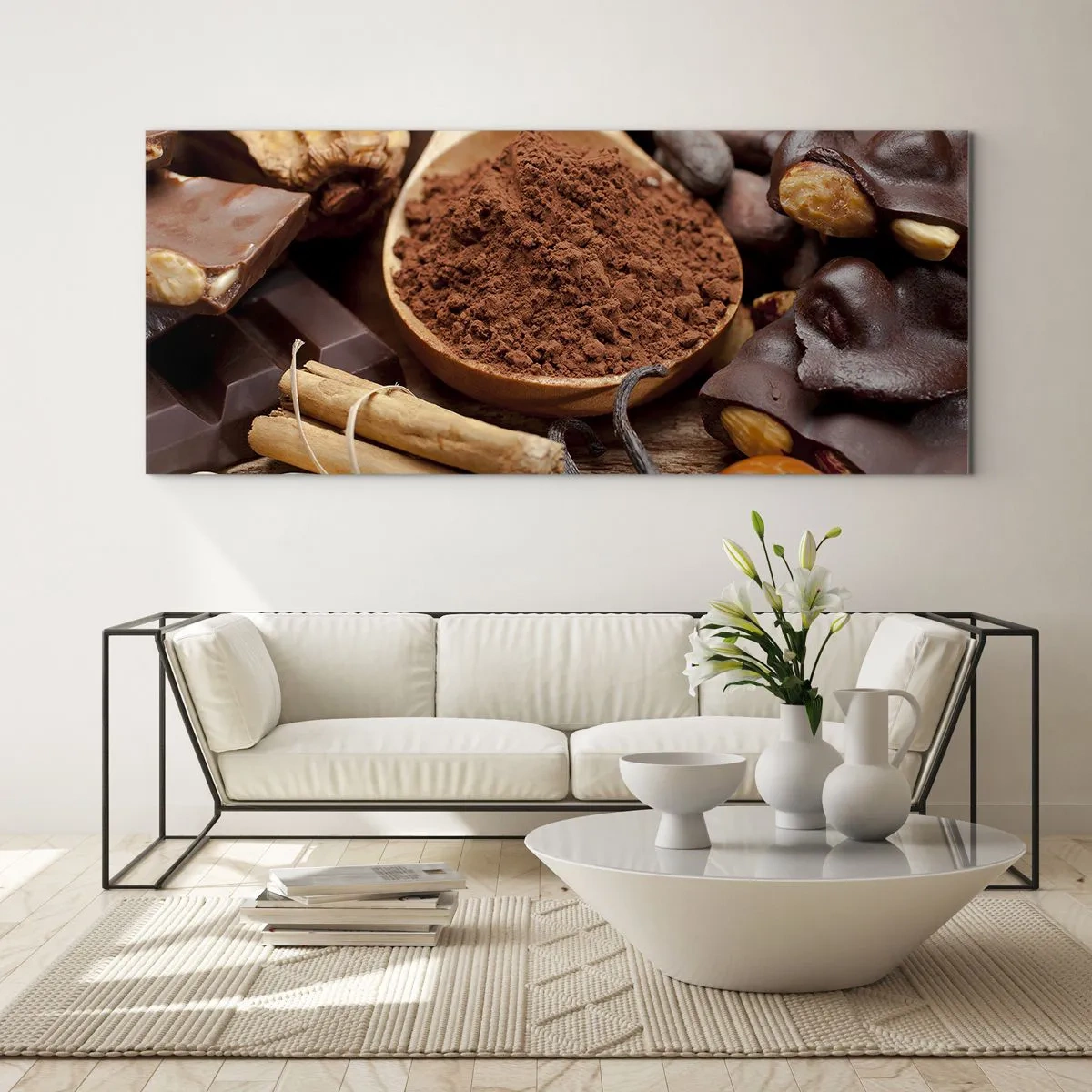 Cuadro sobre vidrio - Impresiones sobre Vidrio - Una cucharada de ingredientes de cacao y chocolate en un arreglo rústico. - 140x50cm - Lo mejor para las penas - Decoración de pared moderna para salón y dormitorio ARTTOR