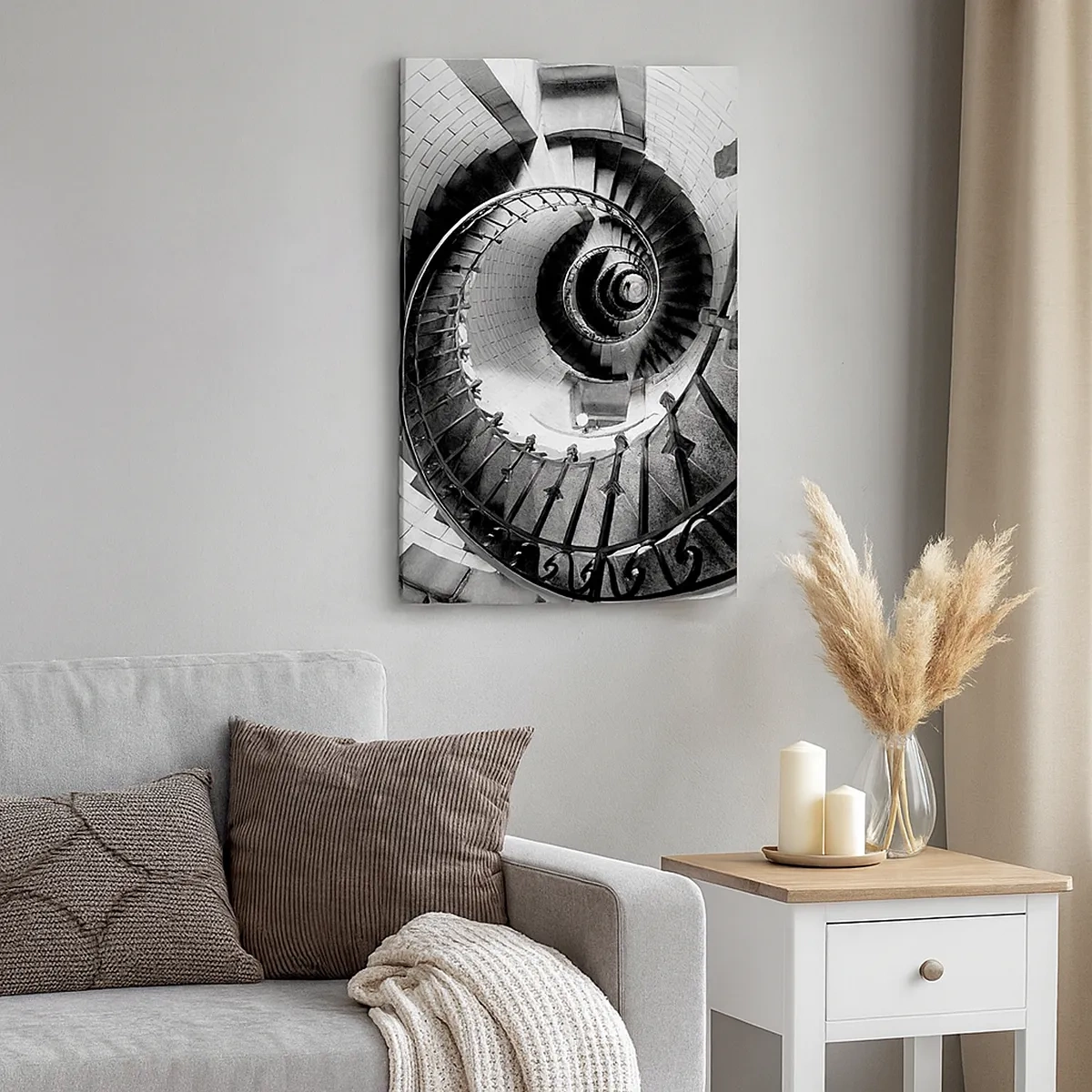 Cuadro sobre lienzo - Impresión de Imagen - Fotografía en blanco y negro de una escalera de caracol con perspectiva de arriba hacia abajo. - 50x70cm - Cada vez más alto - Decoración de pared moderna para salón y dormitorio ARTTOR