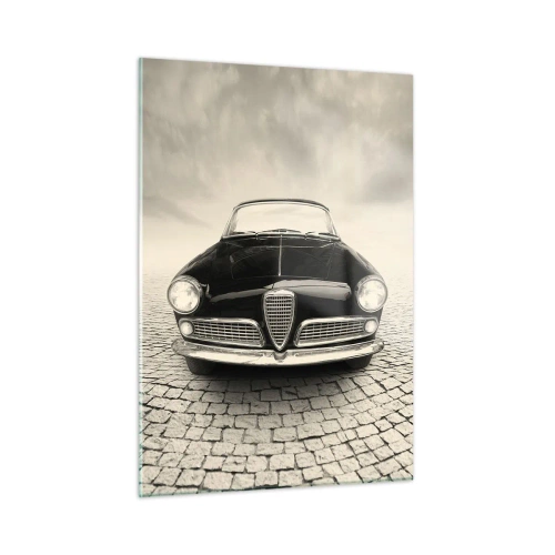 Cuadro sobre vidrio - Impresiones sobre Vidrio - Coche clásico en carretera adoquinada en blanco y negro - 50x70cm - ¿Y cómo no quererme? - Decoración de pared moderna para salón y dormitorio ARTTOR