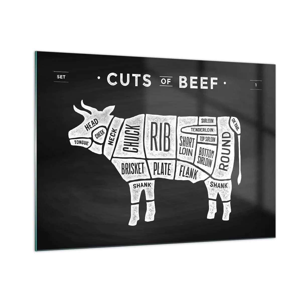 Cuadro sobre vidrio - Impresiones sobre Vidrio - Diagrama de corte de carne de res en una pizarra - 100x70cm - Manual del carnicero - Decoración de pared moderna para salón y dormitorio ARTTOR