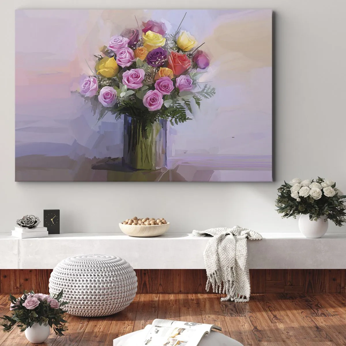 Cuadro sobre lienzo - Impresión de Imagen - Un ramo de rosas de colores en un jarrón de cristal. - 100x70cm - Belleza inmortalizada - Decoración de pared moderna para salón y dormitorio ARTTOR