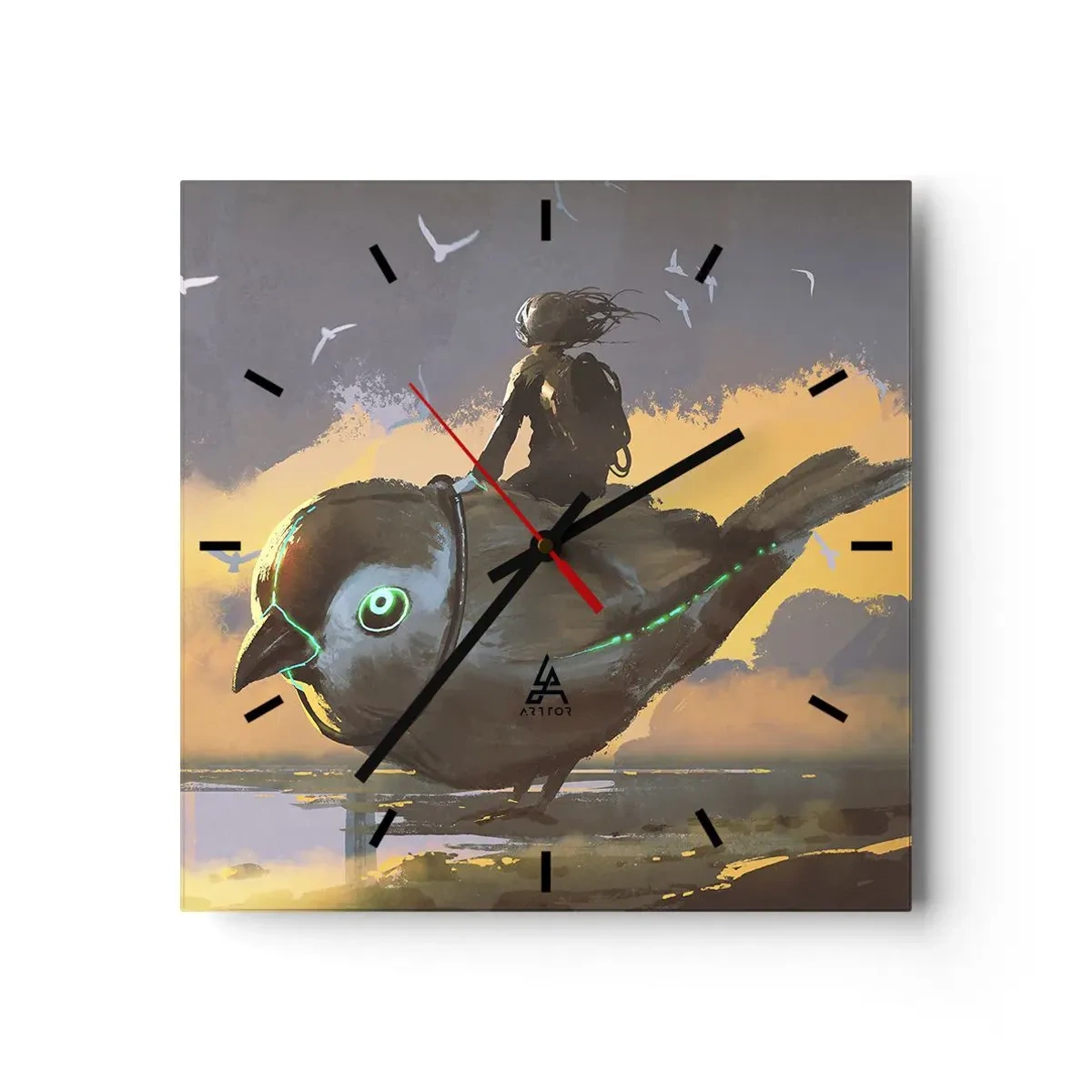 Reloj de pared - Reloj de vidrio - Jinete en un pájaro gigante en un paisaje surrealista - 30x30cm - Una parada en un viaje fantástico - Decoración de pared moderna para salón y dormitorio ARTTOR