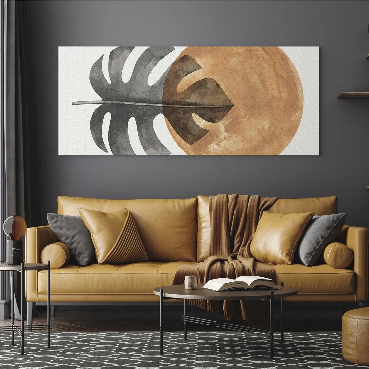 Cuadro sobre vidrio - Impresiones sobre Vidrio - Hoja de monstera y círculo dorado sobre un fondo claro - 140x50cm - Siempre el sol - Decoración de pared moderna para salón y dormitorio ARTTOR