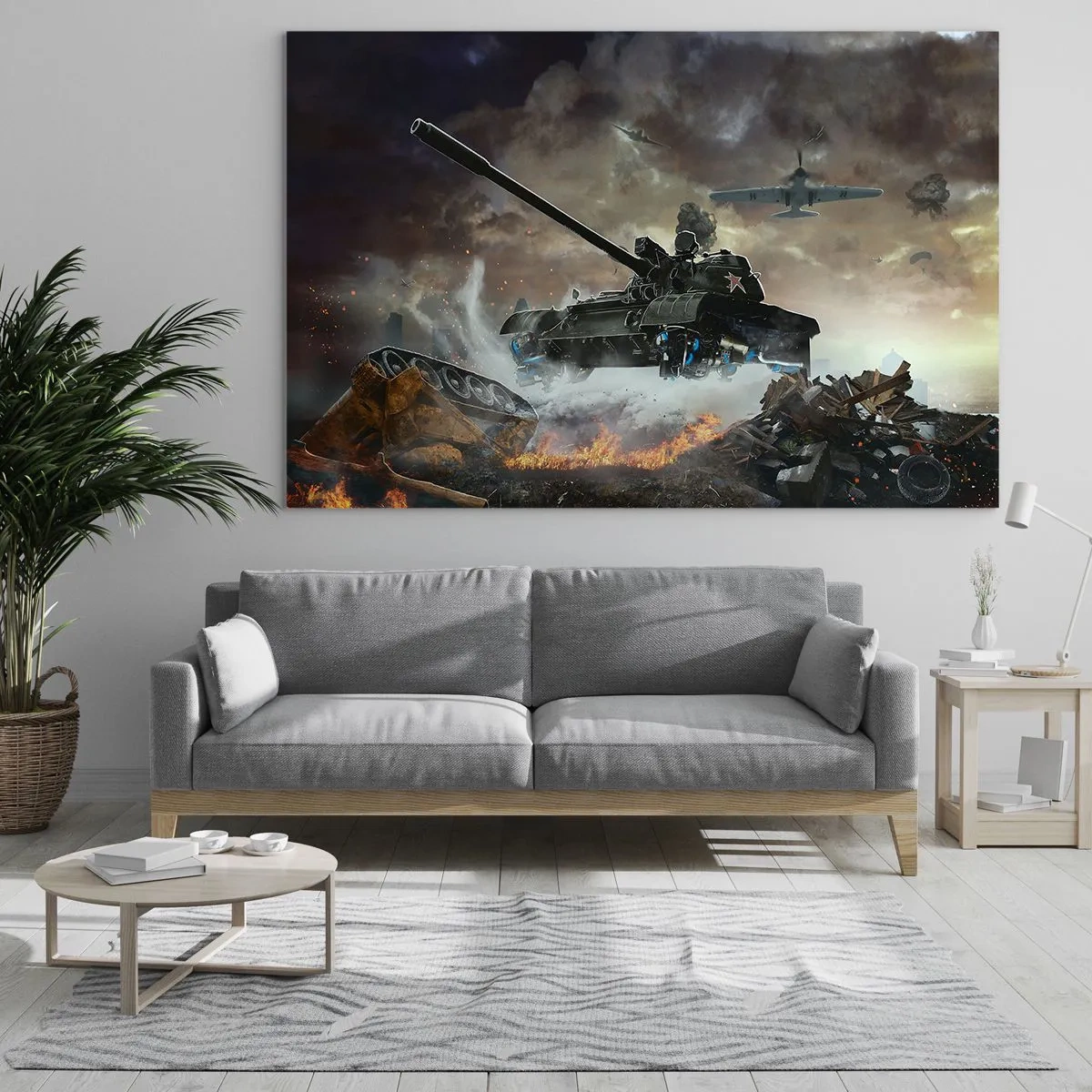 Cuadro sobre vidrio - Impresiones sobre Vidrio - Un tanque en acción con el telón de fondo de un dramático campo de batalla. - 100x70cm - La batalla es terrible y hermosa - Decoración de pared moderna para salón y dormitorio ARTTOR