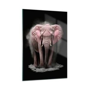 Cuadro sobre vidrio - Impresiones sobre Vidrio - Un elefante rosa sobre un fondo negro rodeado de una nube de polvo. - 50x70cm - El rey rosado de oriente - Decoración de pared moderna para salón y dormitorio ARTTOR