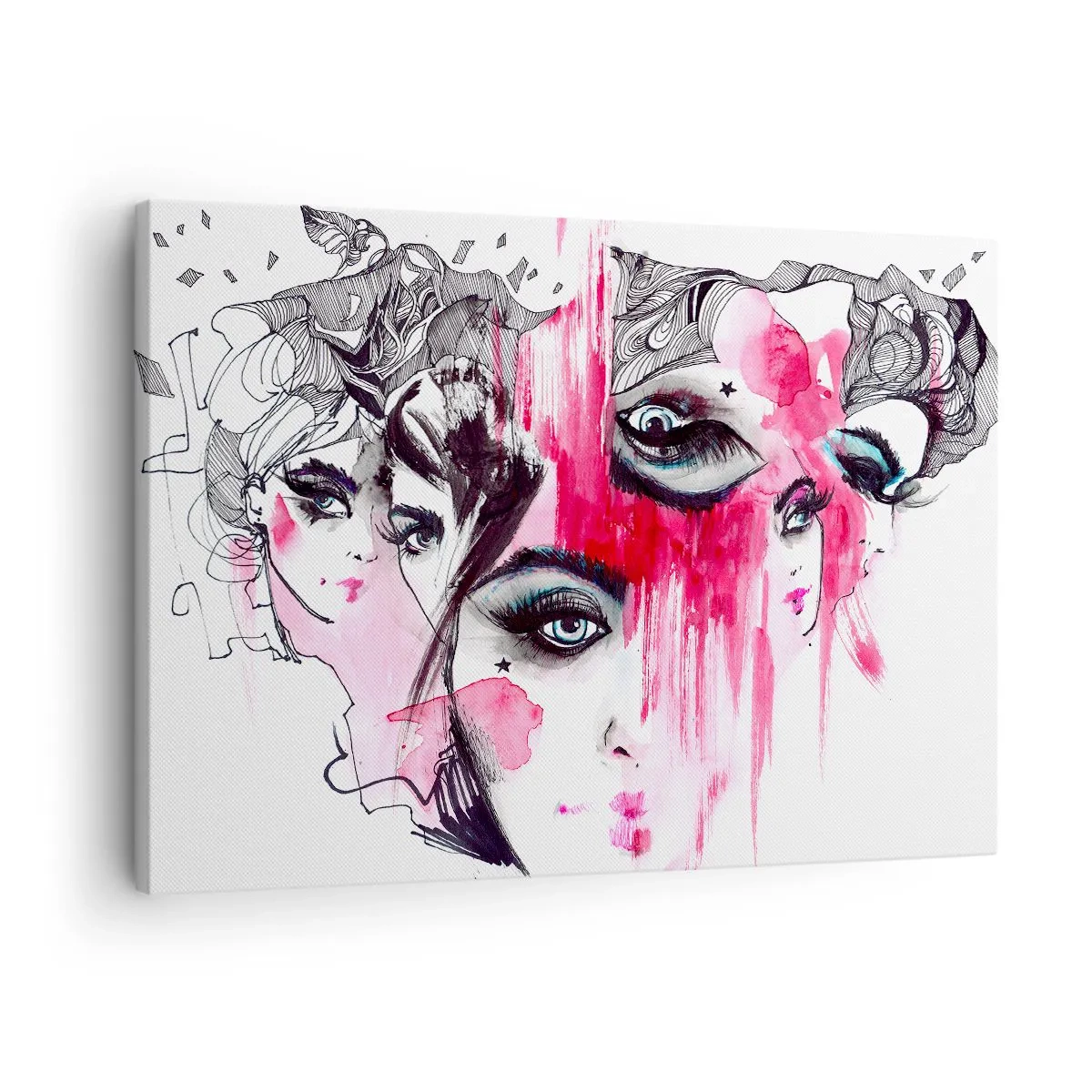 Cuadro sobre lienzo - Impresión de Imagen - Rostro abstracto en tonos rosa y negro. - 70x50cm - Ojos abstractos - Decoración de pared moderna para salón y dormitorio ARTTOR