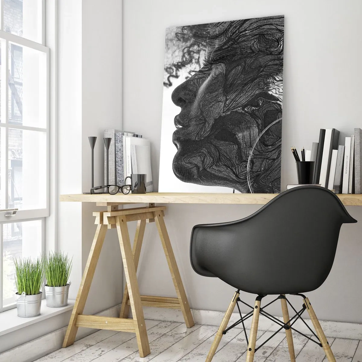 Cuadro sobre vidrio - Impresiones sobre Vidrio - Silueta en blanco y negro de una mujer con líneas abstractas. - 50x70cm - Enredada en sueños - Decoración de pared moderna para salón y dormitorio ARTTOR