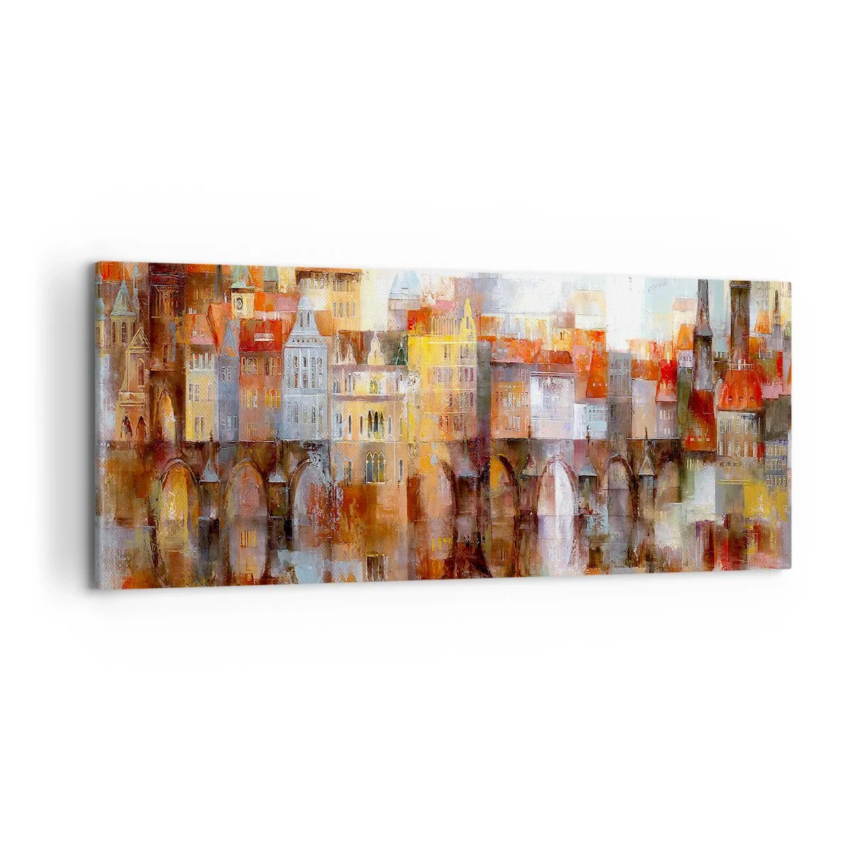 Cuadro sobre lienzo - Impresión de Imagen - Un pintoresco panorama de la ciudad con un puente en colores otoñales. - 120x50cm - Puente y ciudad - Decoración de pared moderna para salón y dormitorio ARTTOR