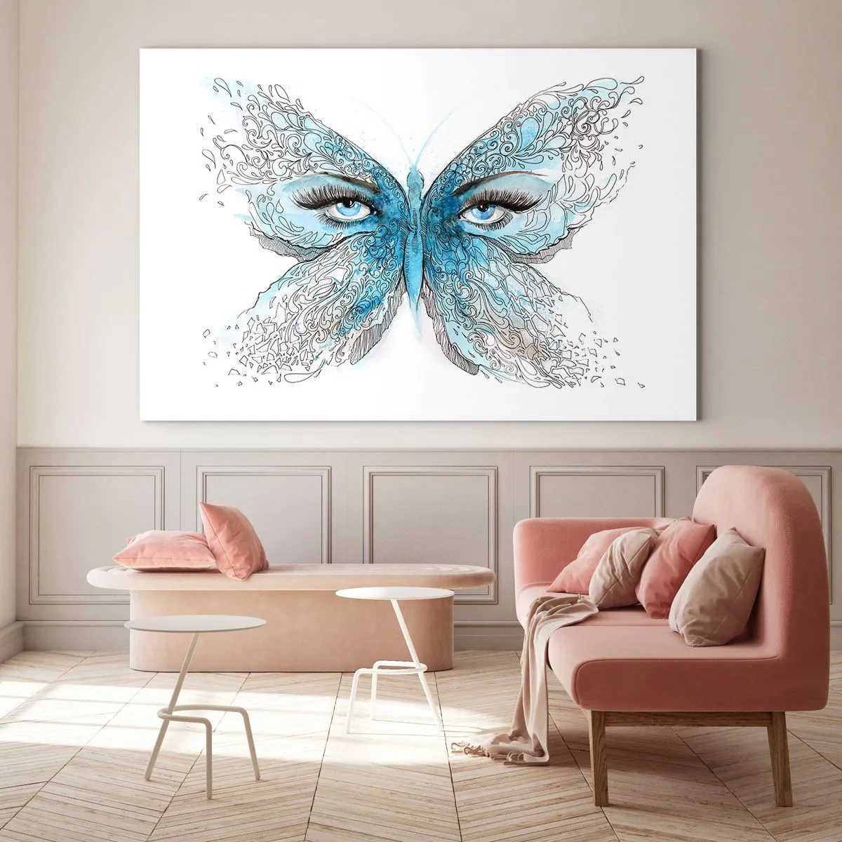Cuadro sobre vidrio - Impresiones sobre Vidrio - Una mariposa con alas azules y ojos humanos en un estilo artístico. - 70x50cm - Mirada de mariposa - Decoración de pared moderna para salón y dormitorio ARTTOR