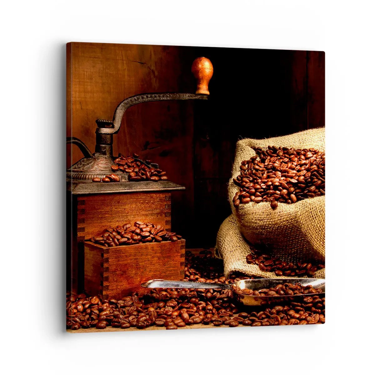 Cuadro sobre lienzo - Impresión de Imagen - Bodegón con granos de café y molinillo - 30x30 cm