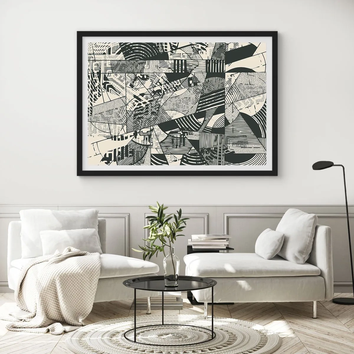 Póster en marco negro - Patrones abstractos geométricos en tonos verdes sobre un fondo claro - 70x50cm - La dinámica del presente - Decoración de pared moderna para salón y dormitorio ARTTOR