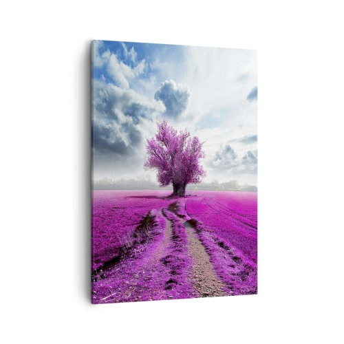 Cuadro sobre lienzo - Impresión de Imagen - Un árbol solitario en un campo de un tono rosa intenso. - 50x70cm - El brezal - un encanto - Decoración de pared moderna para salón y dormitorio ARTTOR