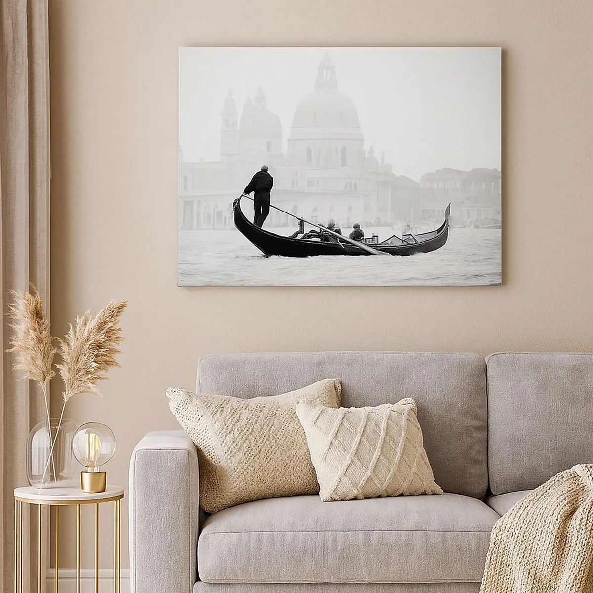 Cuadro sobre lienzo - Impresión de Imagen - Una góndola con la basílica al fondo en blanco y negro. - 70x50cm - Un viaje a la fuente de la belleza - Decoración de pared moderna para salón y dormitorio ARTTOR