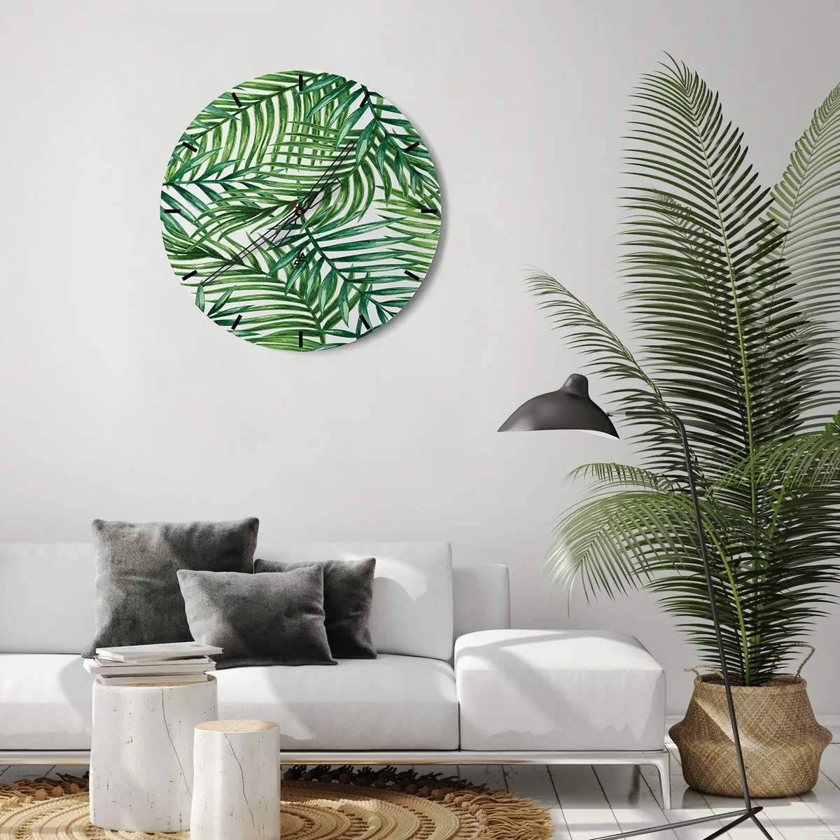 Reloj de pared - Reloj de vidrio - Hojas de palma verdes dispuestas en una composición densa. - 30x30cm - Bajo el verde - Decoración de pared moderna para salón, cocina y dormitorio ARTTOR