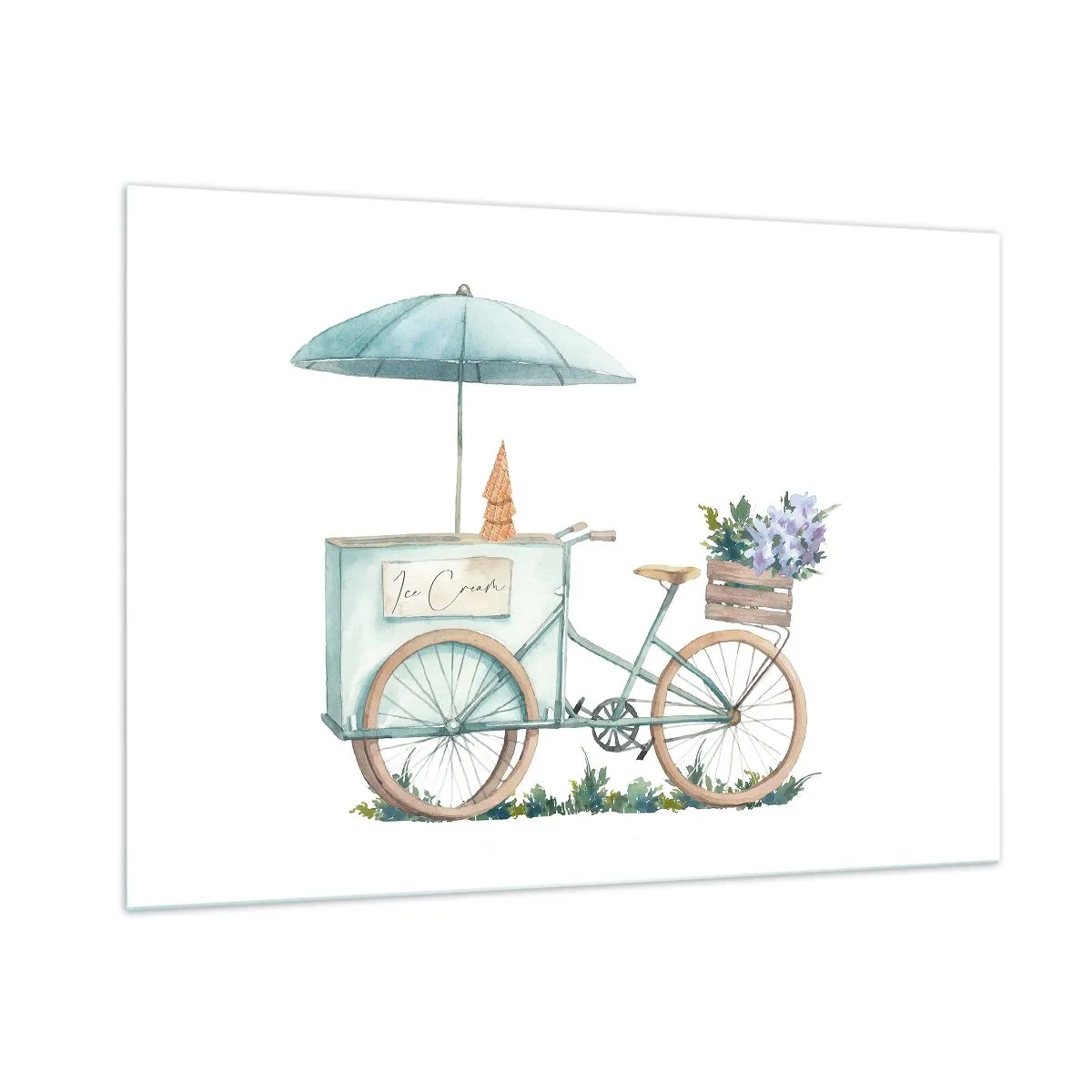 Cuadro sobre vidrio - Impresiones sobre Vidrio - Una bicicleta con helado y flores pastel. - 100x70cm - Dulce recuerdo del verano - Decoración de pared moderna para salón y dormitorio ARTTOR