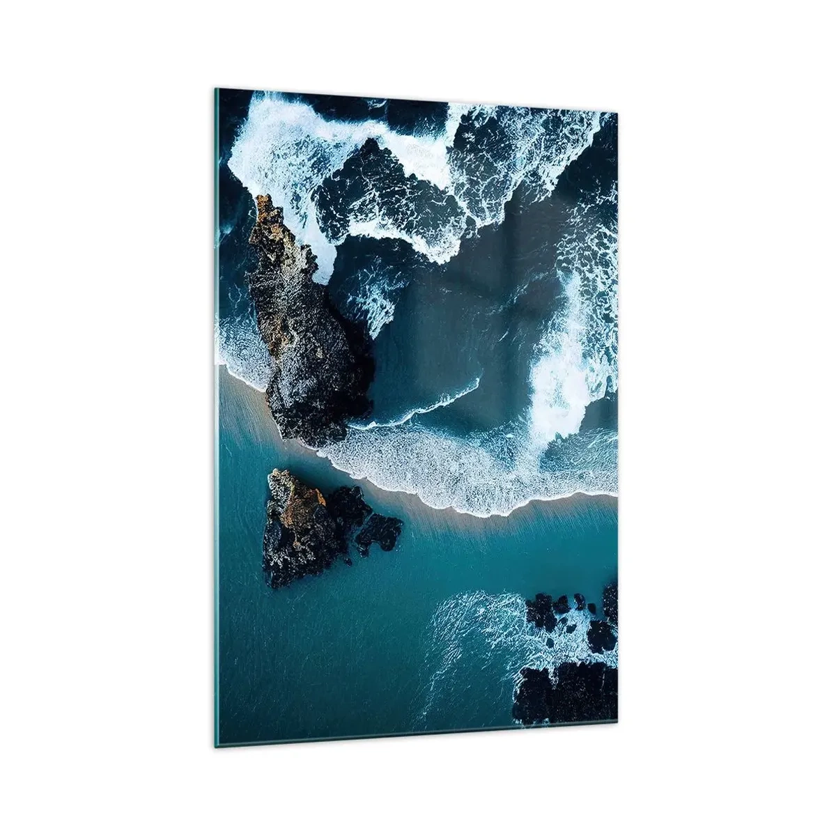 Cuadro sobre vidrio - Impresiones sobre Vidrio - Vista aérea de las olas rompiendo en la orilla - 70x100cm - Rodeadas por las olas - Decoración de pared moderna para salón y dormitorio ARTTOR
