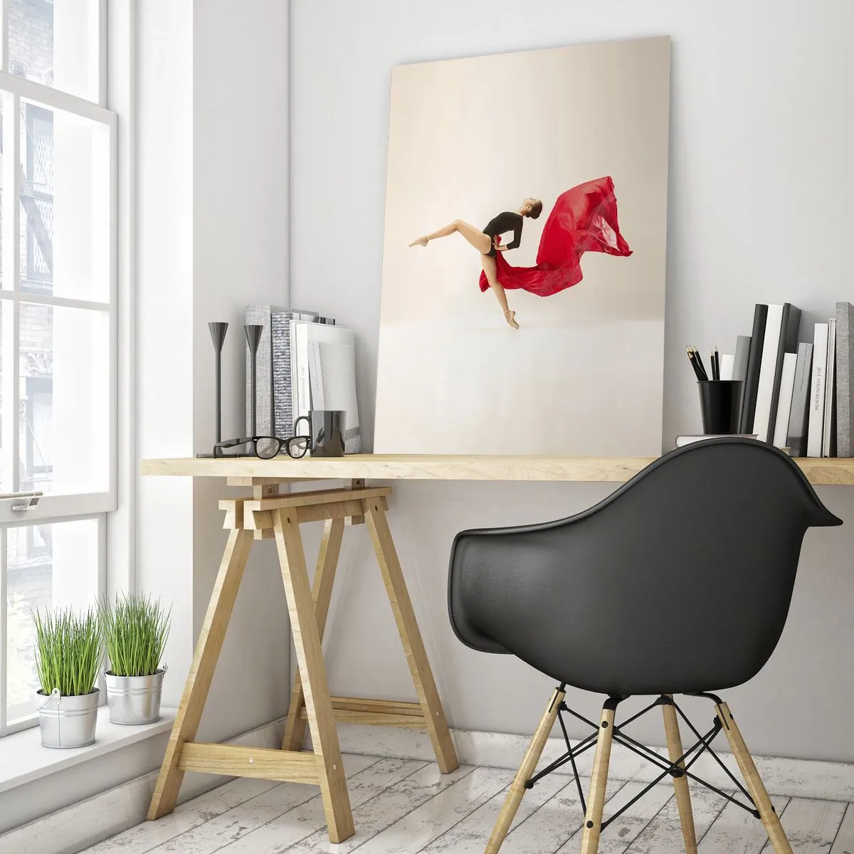 Cuadro sobre vidrio - Impresiones sobre Vidrio - Una bailarina en un salto dinámico con tela roja. - 50x70cm - Rojo y negro - Decoración de pared moderna para salón y dormitorio ARTTOR
