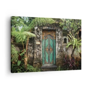 Cuadro sobre lienzo - Impresión de Imagen - Puertas decorativas rodeadas de vegetación tropical. - 70x50cm - Una puerta a un mundo exótico - Decoración de pared moderna para salón y dormitorio ARTTOR