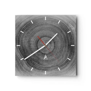 Reloj de pared - Reloj de vidrio - Patrón de anillos de árboles en blanco y negro que muestra una sección transversal del tronco. - 30x30cm - El paso del tiempo - Decoración de pared moderna para salón y dormitorio ARTTOR