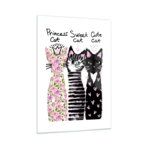 Cuadro sobre vidrio - Impresiones sobre Vidrio - Tres adorables gatos en un estilo artístico con inscripciones sobre un fondo blanco. - 50x70cm - Había tres gatitos - Decoración de pared moderna para salón y dormitorio ARTTOR