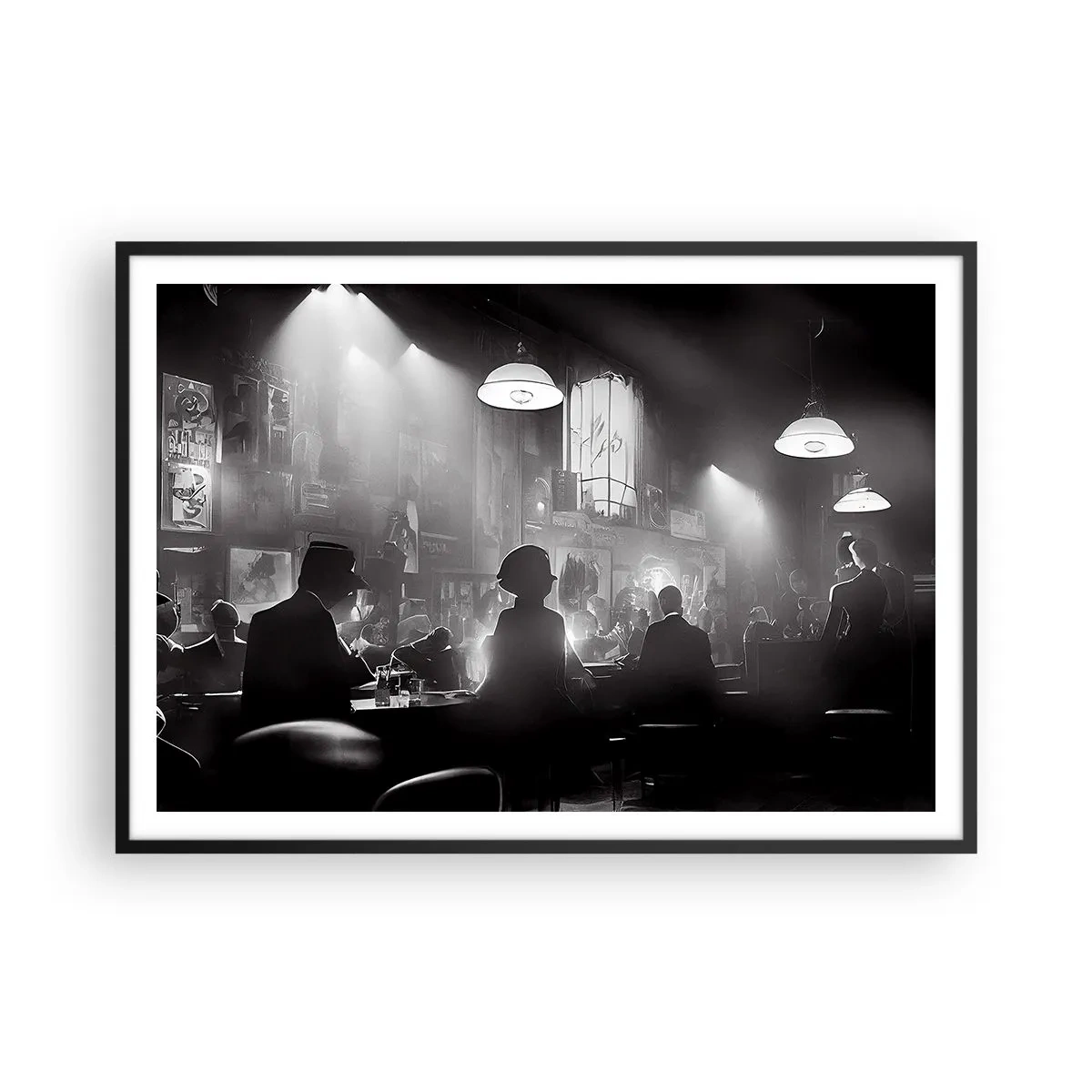 Póster en marco negro - Escena de clubes nocturnos de jazz en blanco y negro - 100x70cm - En clave de jazz - Decoración de pared moderna para salón y dormitorio ARTTOR