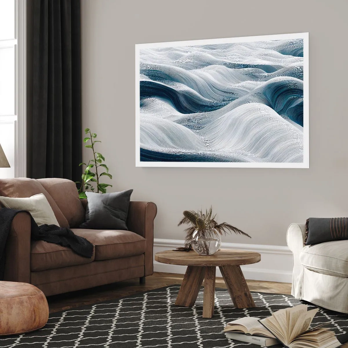 Póster - Líneas onduladas en tonos azules y blancos. - 100x70cm - Olas blancas y azules - Decoración de pared moderna para salón y dormitorio ARTTOR