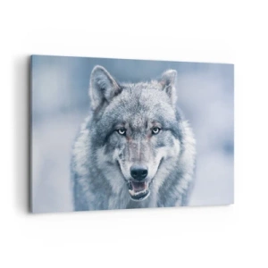 Cuadro sobre lienzo - Impresión de Imagen - Un lobo con una mirada intensa en un paisaje invernal. - 120x80cm - ¿Aceptarás el reto? - Decoración de pared moderna para salón y dormitorio ARTTOR