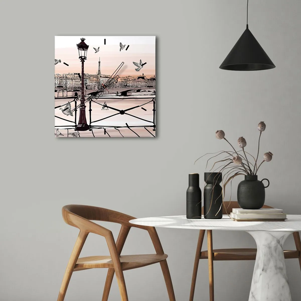 Reloj de pared - Reloj de vidrio - Vista parisina con una linterna y un puente. - 30x30cm - Sobre los tejados de París - Decoración de pared moderna para salón y dormitorio ARTTOR