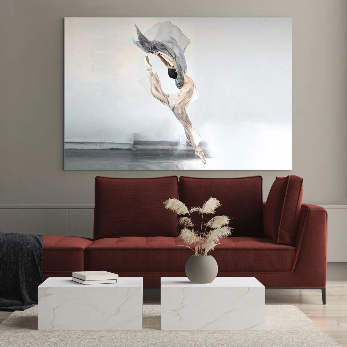Cuadro sobre vidrio - Impresiones sobre Vidrio - Una bailarina realiza un salto dinámico bajo una luz suave. - 120x80cm - En el arrebato de la danza - Decoración de pared moderna para salón y dormitorio ARTTOR
