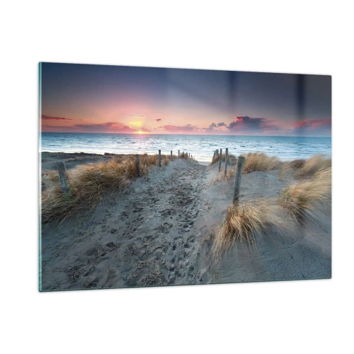 Cuadro sobre vidrio - Impresiones sobre Vidrio - Camino a través de las dunas que conduce al mar al atardecer - 120x80cm - Se derramó un arco iris de luminosidad.... - Decoración de pared moderna para salón y dormitorio ARTTOR
