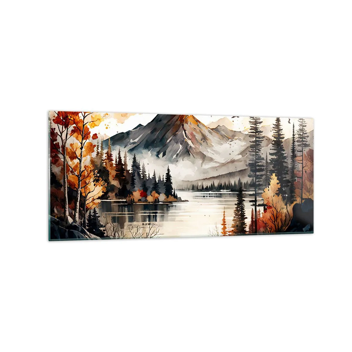 Cuadro sobre vidrio - Impresiones sobre Vidrio - Paisaje otoñal de montaña con lago y árboles en acuarela - 120x50cm - Otoño dorado en las montañas - Decoración de pared moderna para salón y dormitorio ARTTOR