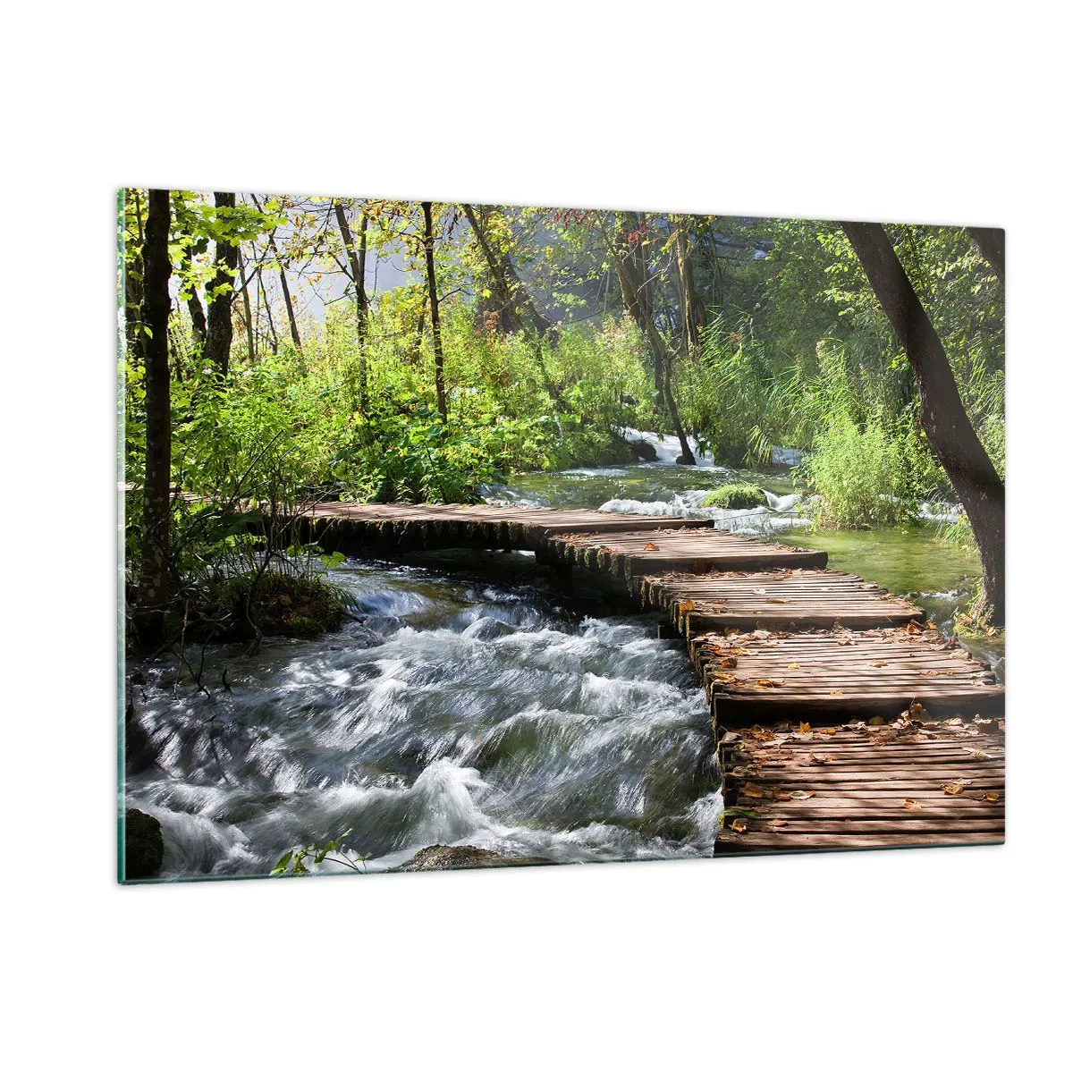 Cuadro sobre vidrio - Impresiones sobre Vidrio - Un puente de madera sobre un arroyo caudaloso - 120x80cm - Sobre una cascada de espuma - Decoración de pared moderna para salón y dormitorio ARTTOR