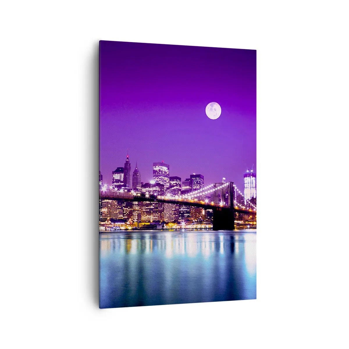 Cuadro sobre lienzo - Impresión de Imagen - Puente de Brooklyn de noche con la ciudad iluminada y luna llena - 80x120cm - Las luces de una gran ciudad en púrpura - Decoración de pared moderna para salón y dormitorio ARTTOR