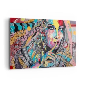 Cuadro sobre lienzo - Impresión de Imagen - Rostro femenino colorido en estilo artístico. - 120x80cm - Silencio hasta que entiendas - Decoración de pared moderna para salón y dormitorio ARTTOR