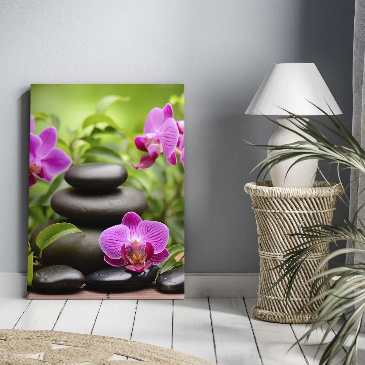 Cuadro sobre lienzo - Impresión de Imagen - Orquídeas rosas con piedras sobre un fondo verde. - 70x100cm - Una pirámide de paz - Decoración de pared moderna para salón y dormitorio ARTTOR