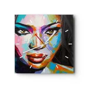 Reloj de pared - Reloj de vidrio - Un retrato colorido de una mujer con una mirada intensa. - 30x30cm - Mirada penetrante - Decoración de pared moderna para salón y dormitorio ARTTOR