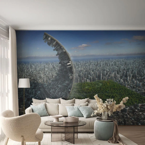Fotomural Premium Sand - Una visión futurista de una ciudad con un oasis verde - 100x70cm - La naturaleza es eterna - Decoración de pared moderna para salón y dormitorio ARTTOR