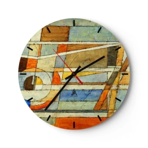 Reloj de pared - Reloj de vidrio - Patrón abstracto con colores naranja, beige y azul. - 30x30cm - Cubismo en una obra - Decoración de pared moderna para salón, cocina y dormitorio ARTTOR