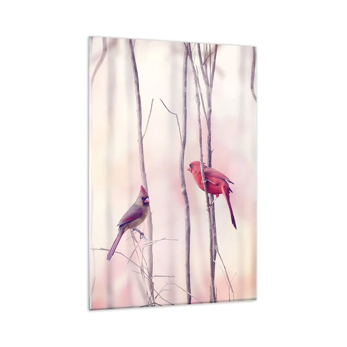 Cuadro sobre vidrio - Impresiones sobre Vidrio - Una pareja de cardenales posados en las ramas en un paisaje pastel. - 80x120cm - Historia de un bosque rosa - Decoración de pared moderna para salón y dormitorio ARTTOR